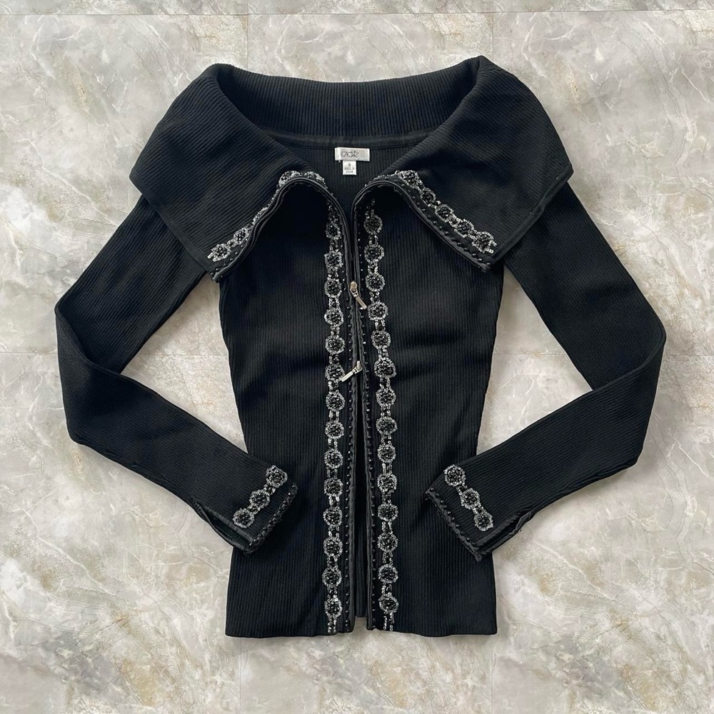 Cache 2000s Off-Shoulder Beaded and Sequin Double Zipper Jacket